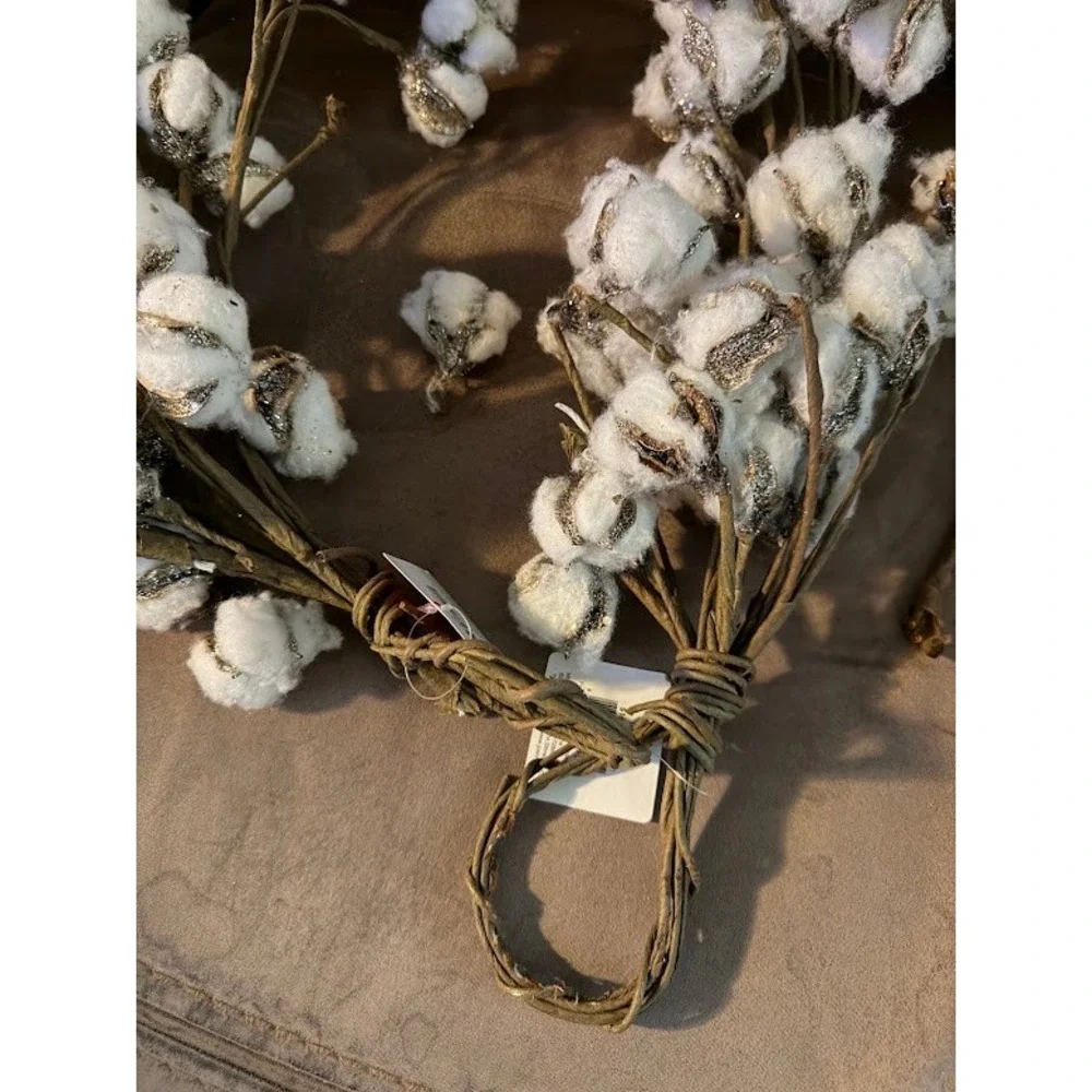 Blooming Holiday Cotton Boll Teardrop Stems Glitter Farmhouse Decor Set of 2 NWT